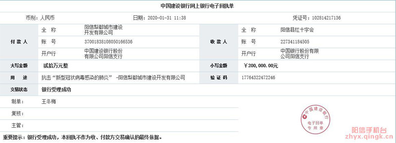 陽信城投集團(tuán)：捐獻(xiàn)20萬元　助力抗擊 新冠肺炎