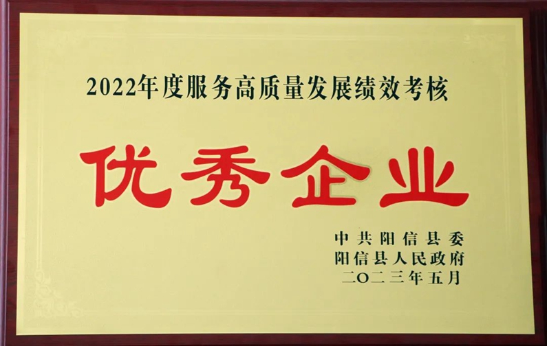 陽(yáng)信縣城投集團(tuán)榮獲“2022年度服務(wù)高質(zhì)量發(fā)展績(jī)效考核優(yōu)秀企業(yè)”榮譽(yù)稱(chēng)號(hào)